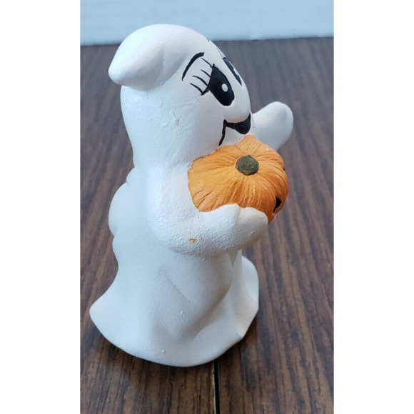 Halloween Small Ceramic 4 inch Smiling Ghost With Pumpkin Figure - Picture 4 of 7